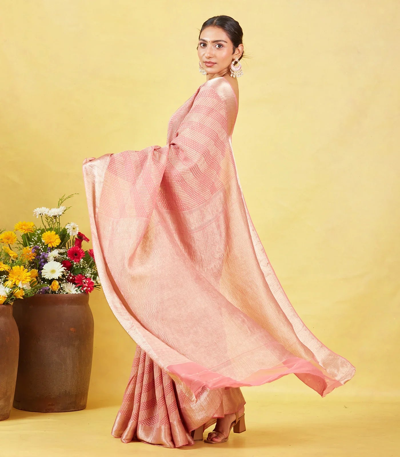 Dusty Pink Crepe Silk Saree With Diagonal Zari Stripes