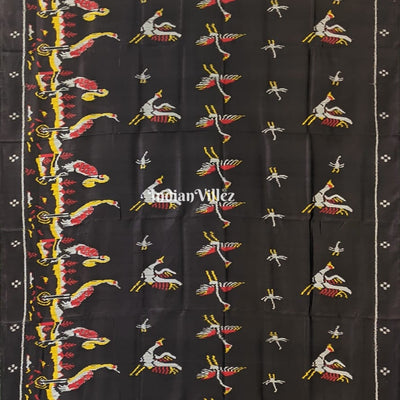 Charcoal Black Parrot and Flamingo Contemporary Silk Saree