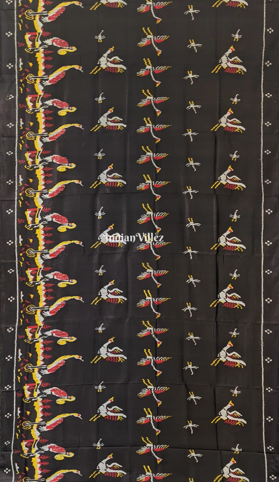Charcoal Black Parrot and Flamingo Contemporary Silk Saree