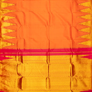 Orange Handloom Kanchipuram Korvai Silk Saree With Zari Temple Border