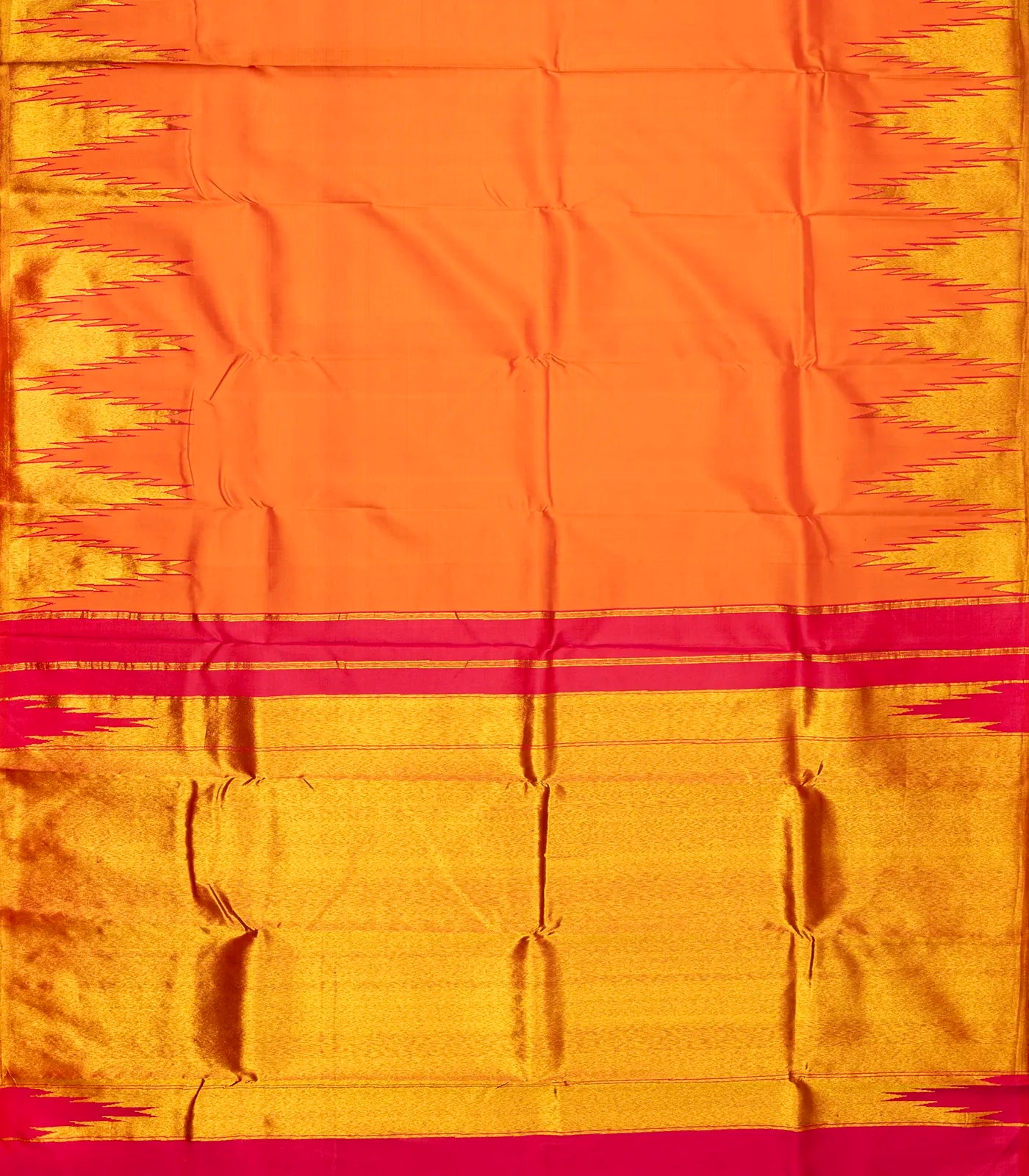 Orange Handloom Kanchipuram Korvai Silk Saree With Zari Temple Border