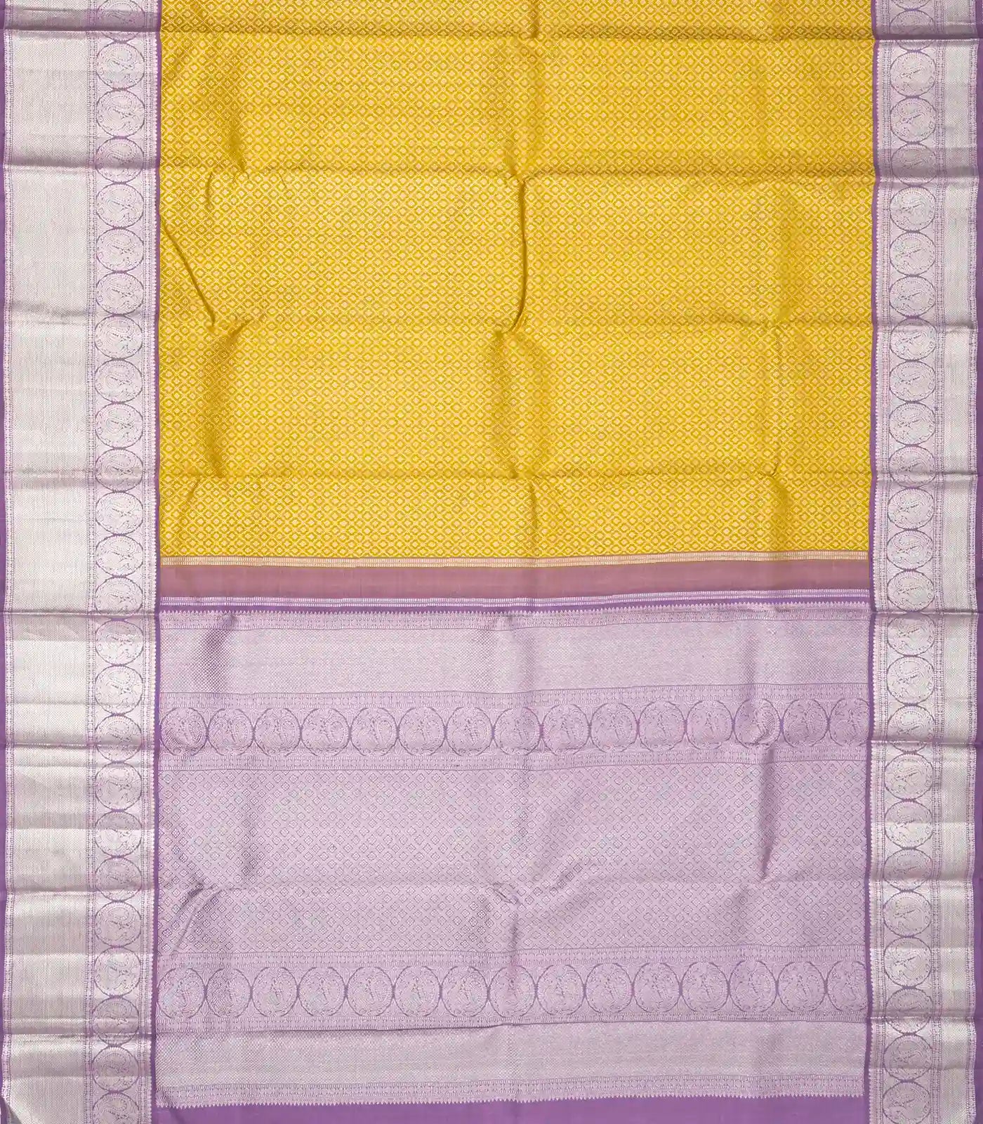 Yellow Handloom Kanchipuram Korvai Silk Saree With Floral Jaal Motifs
