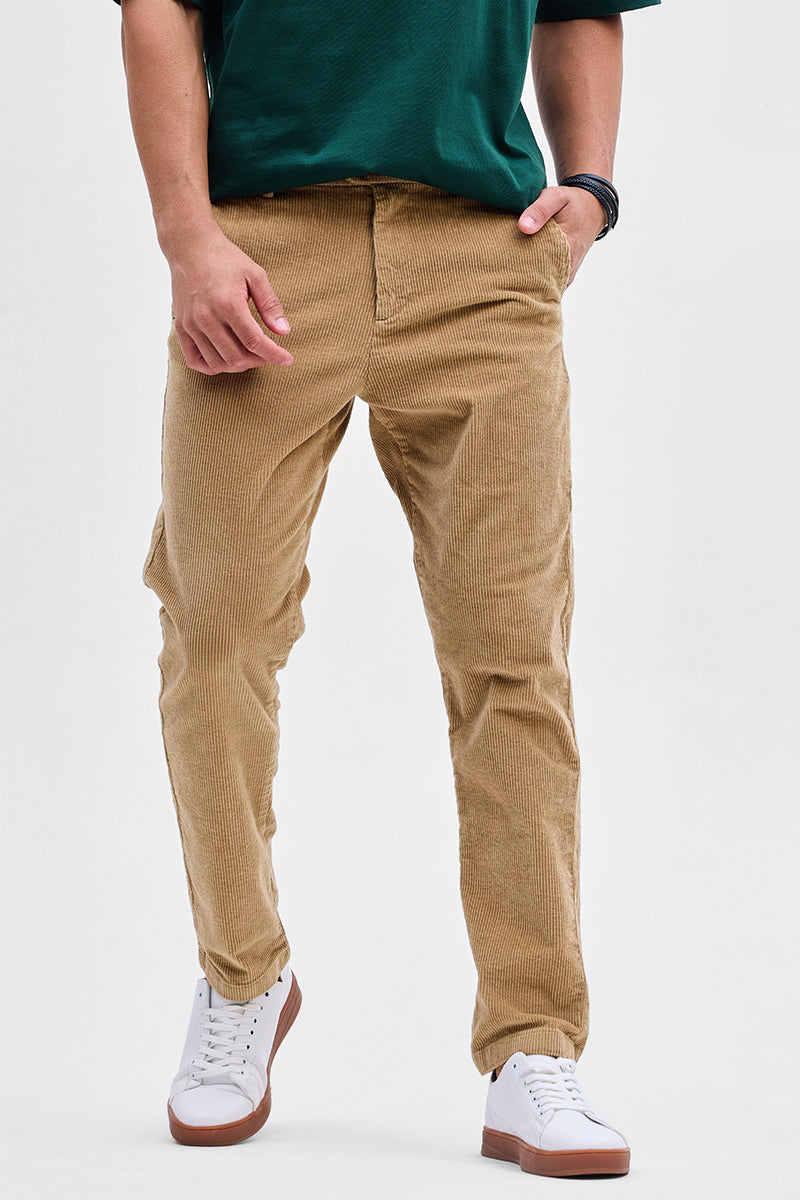 Beige Corduroy Slim Fit Trousers