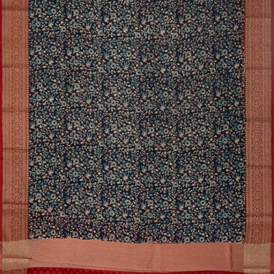 Indigo Woven Chanderi Cotton Saree With Red Border