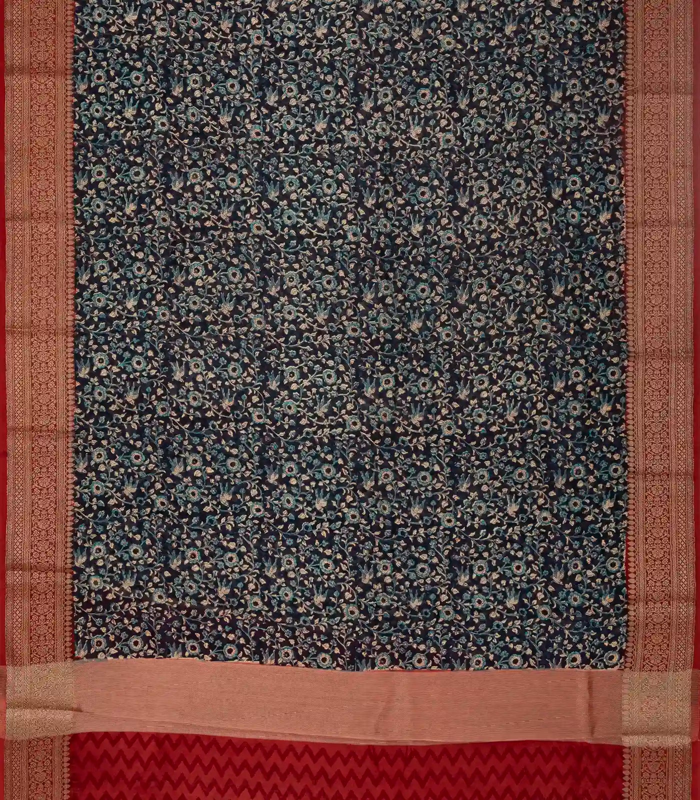 Indigo Woven Chanderi Cotton Saree With Red Border