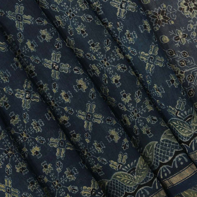 Indigo blue Ajrakh handblockprinted Chanderi saree