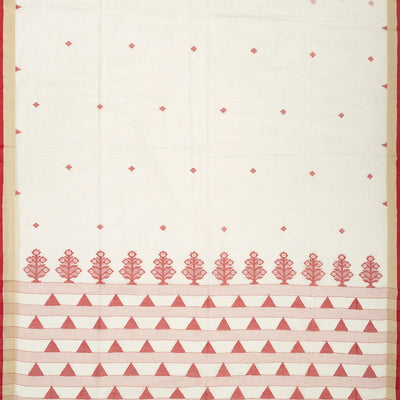 White Handloom Bengal Cotton Saree With Diamond Buttas