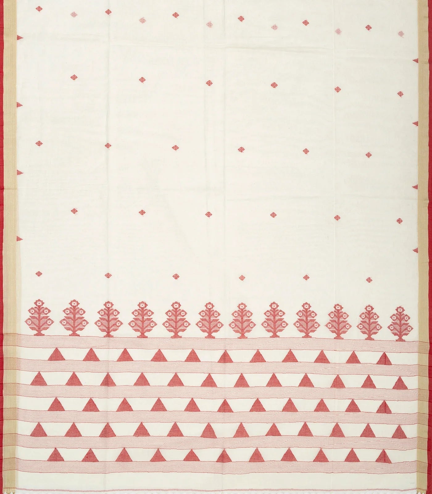 White Handloom Bengal Cotton Saree With Diamond Buttas