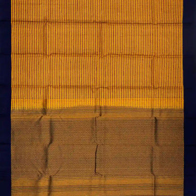 Mustard Silk Saree With Checks & Navy Blue Border