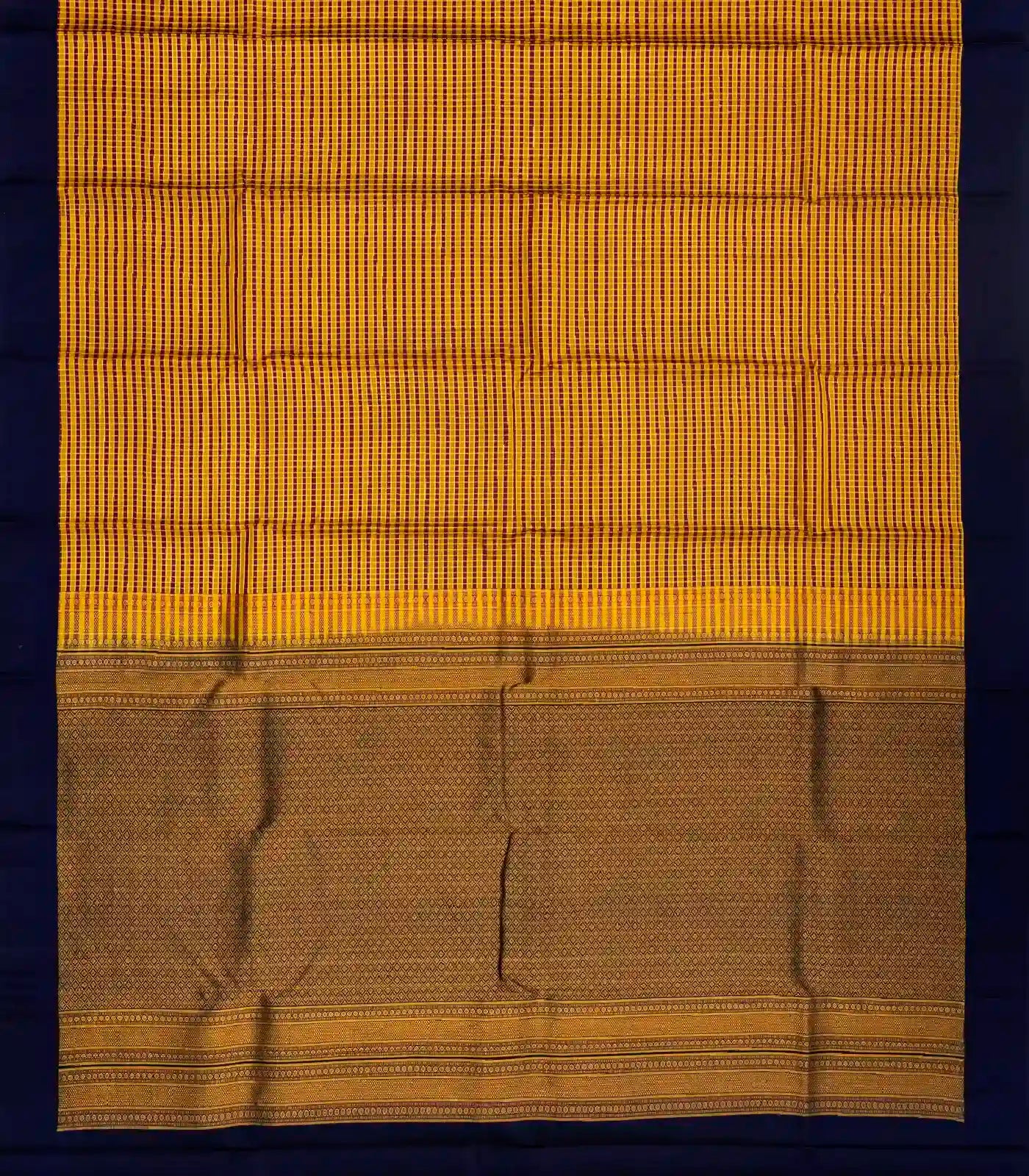 Mustard Silk Saree With Checks & Navy Blue Border