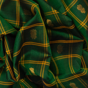 Dark Green Handloom Silk Cotton Saree With Checks & Buttas