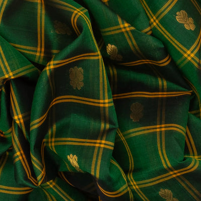 Dark Green Handloom Silk Cotton Saree With Checks & Buttas
