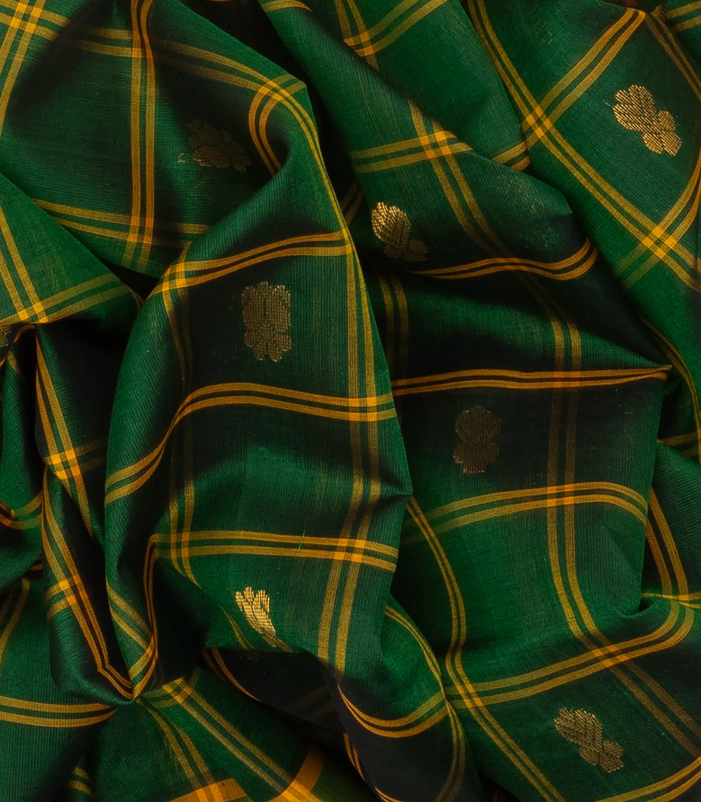 Dark Green Handloom Silk Cotton Saree With Checks & Buttas
