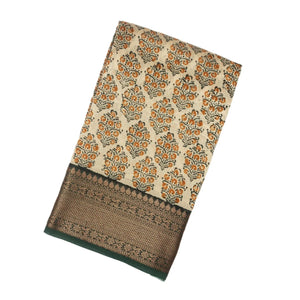 Taupe Woven Chanderi Printed Cotton Saree With Contrast Border