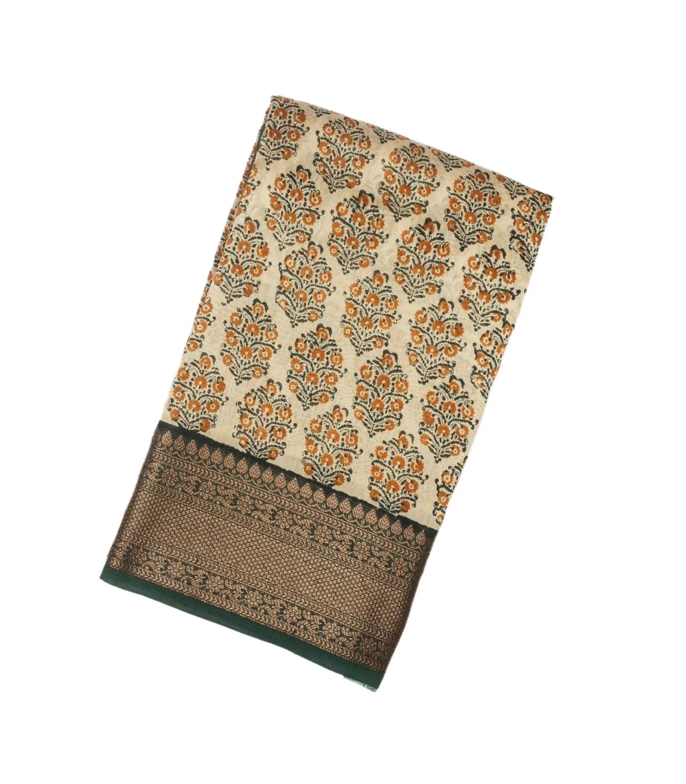 Taupe Woven Chanderi Printed Cotton Saree With Contrast Border