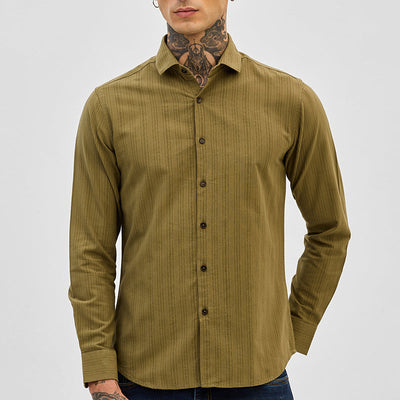 Olive Slim Fit Stripes Shirt