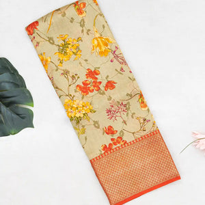 Taupe Woven Chiniya Silk Saree Digital Printed With Floral Motifs