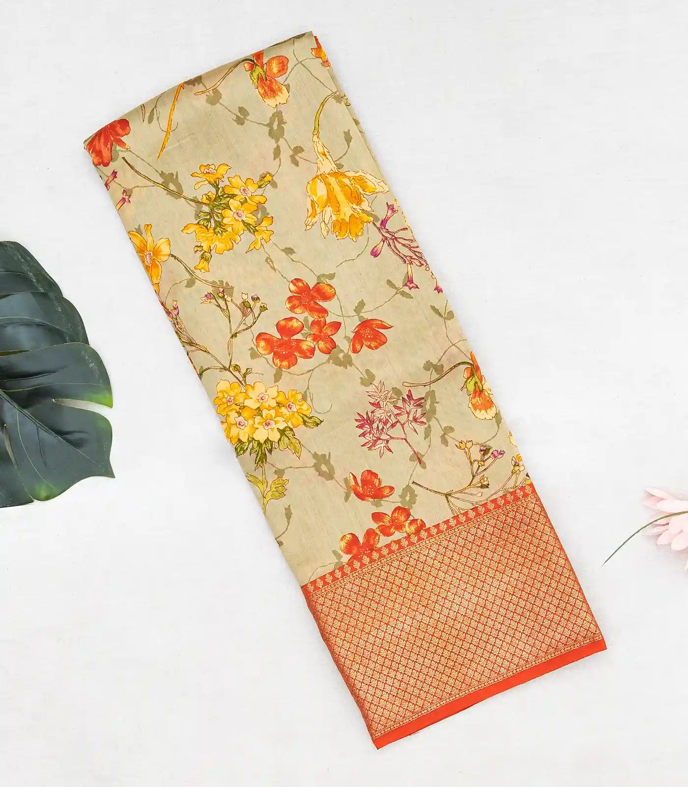 Taupe Woven Chiniya Silk Saree Digital Printed With Floral Motifs