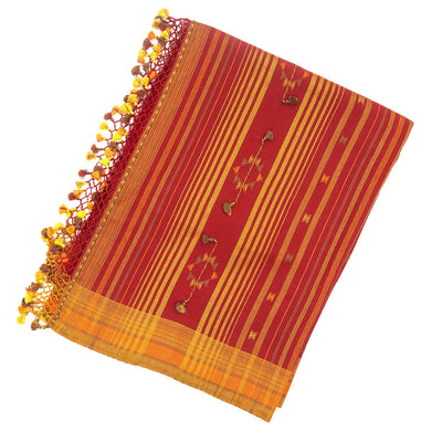 Red Handloom Bhujodi Cotton Saree With Square Buttas
