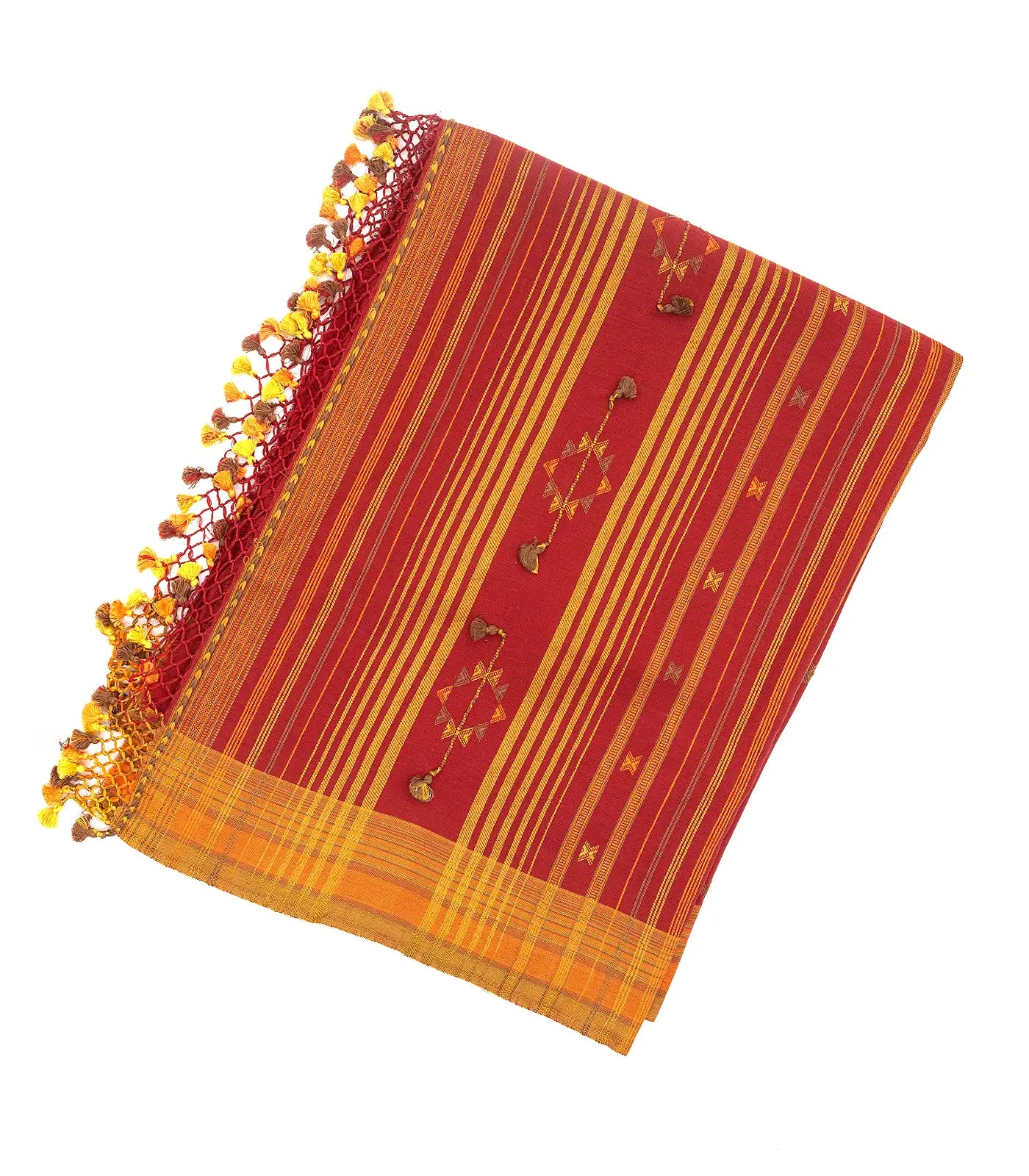 Red Handloom Bhujodi Cotton Saree With Square Buttas