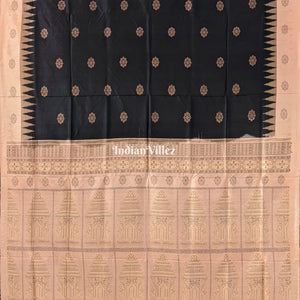 Black Peach Konark Temple Theme Bomkai Sambalpuri Ikat Silk Saree