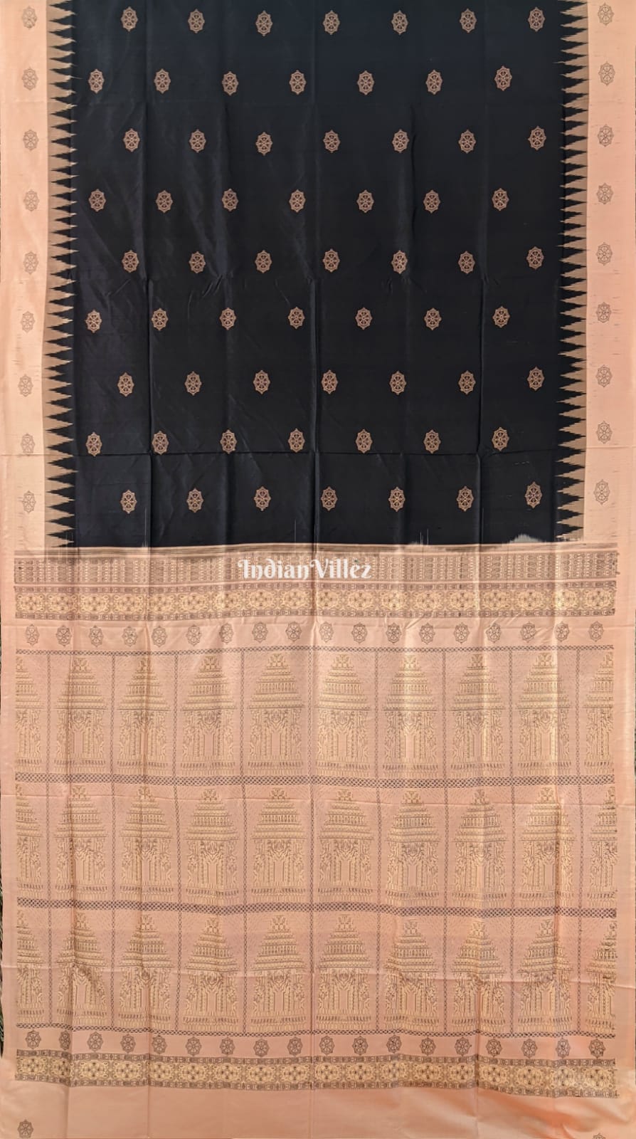 Black Peach Konark Temple Theme Bomkai Sambalpuri Ikat Silk Saree
