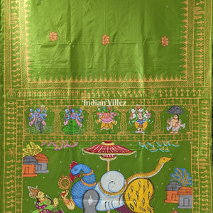 Parrot Green Arjuna Bows to Navagunjara Pure Hand-Painted Pattachitra Saree