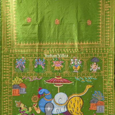 Parrot Green Arjuna Bows to Navagunjara Pure Hand-Painted Pattachitra Saree