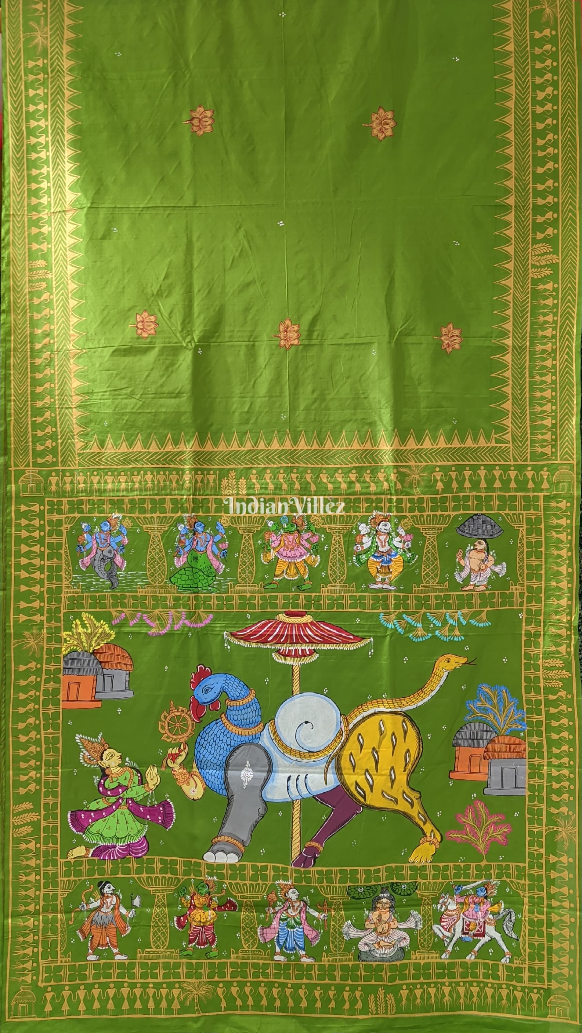 Parrot Green Arjuna Bows to Navagunjara Pure Hand-Painted Pattachitra Saree