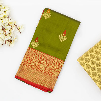 Leafy Green Handloom Banarasi Silk Saree With Meena Floral Buttas