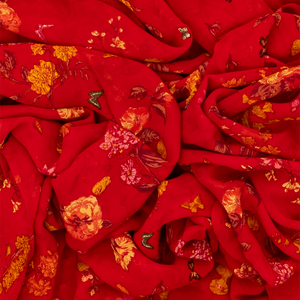 Red Woven Digital Printed Georgette Silk Saree With Floral Motifs