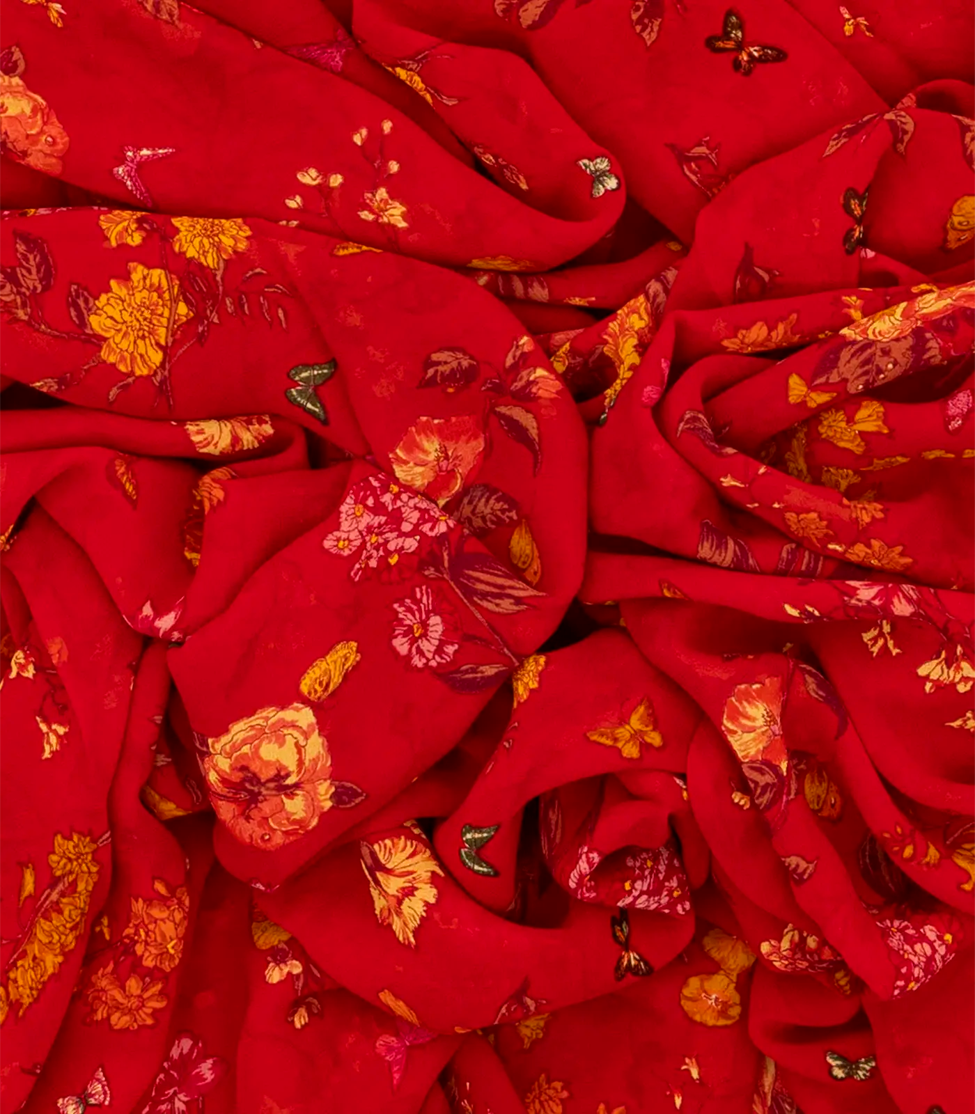 Red Woven Digital Printed Georgette Silk Saree With Floral Motifs