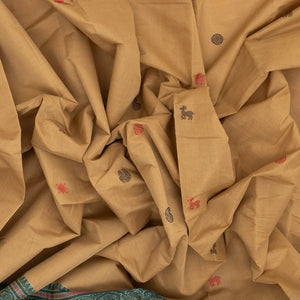 Beige Handloom Kanchi Cotton Saree With Annam & Deer Buttas