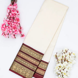 White Handloom Kanchipuram Korvai Silk Saree With Contrast Border
