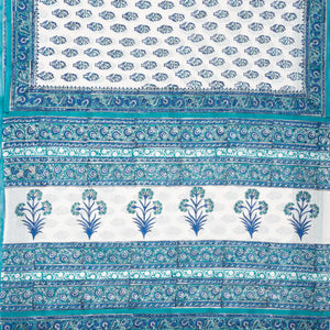 White Woven Jaipur Cotton Saree Printed With Blue Flower  Motifs