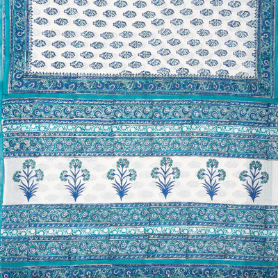 White Woven Jaipur Cotton Saree Printed With Blue Flower  Motifs