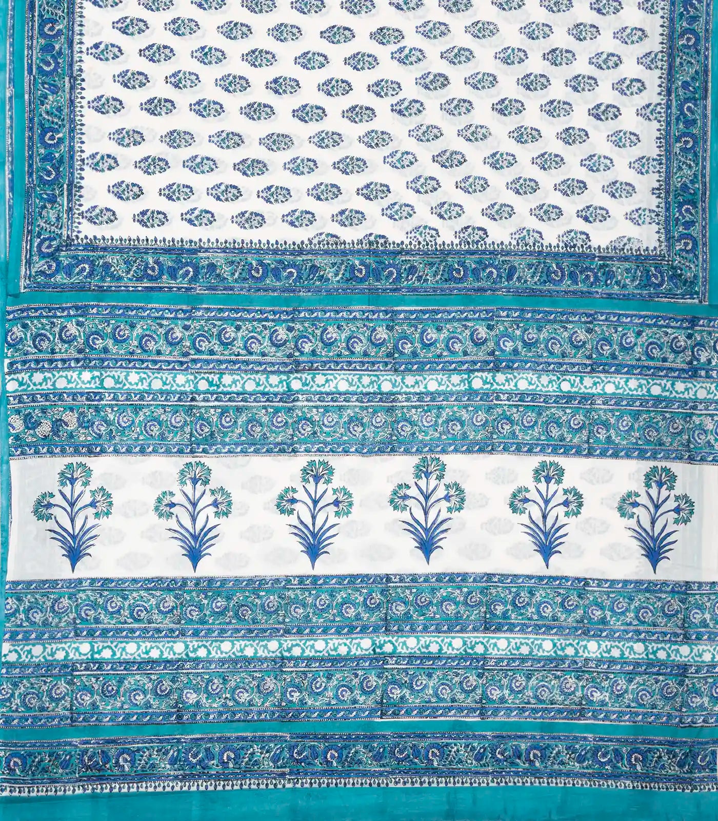 White Woven Jaipur Cotton Saree Printed With Blue Flower  Motifs