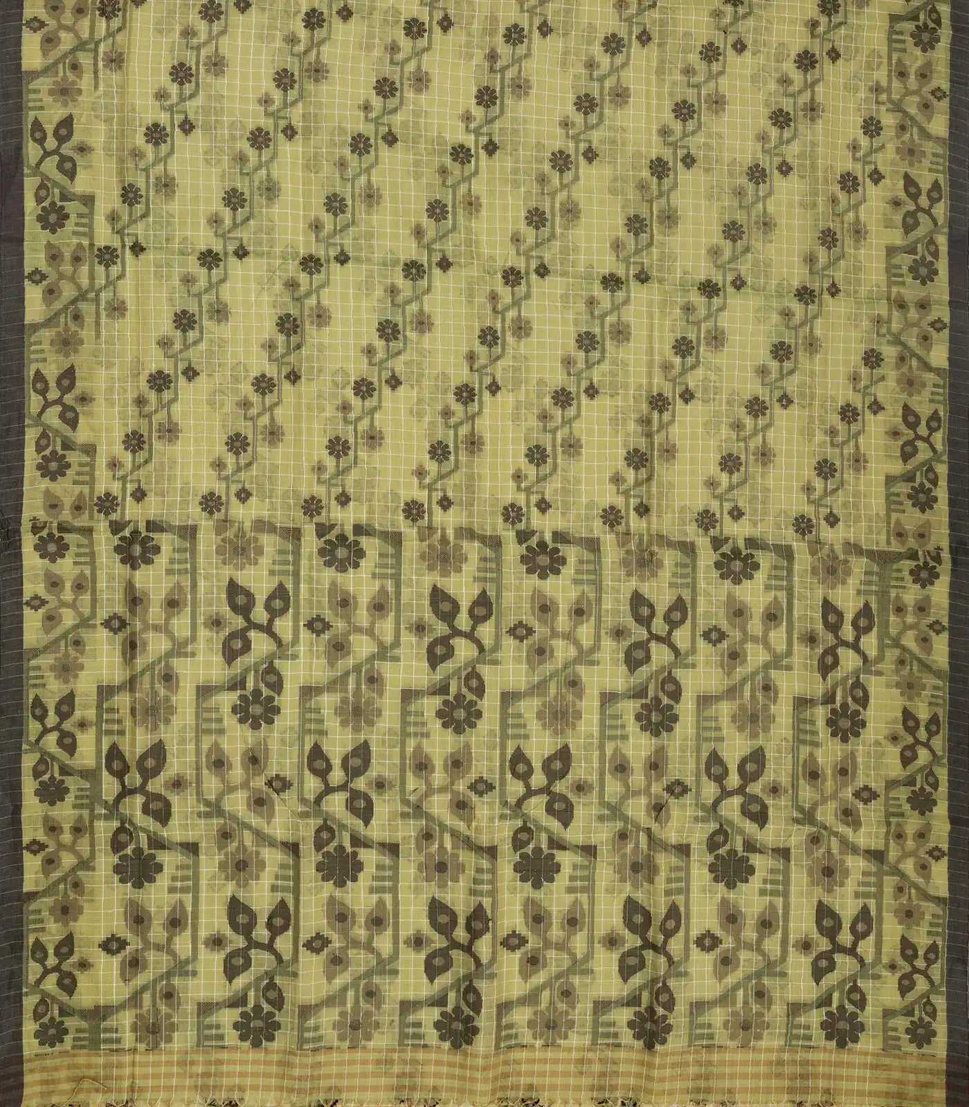 Shadow Green Bengal Cotton Saree With Checks & Floral Motifs