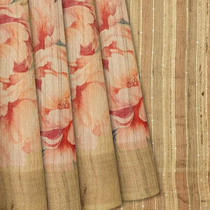 Taupe Handloom Tussar Silk Saree With Printed Crane Motifs-Taupe