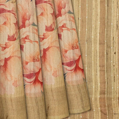 Taupe Handloom Tussar Silk Saree With Printed Crane Motifs-Taupe
