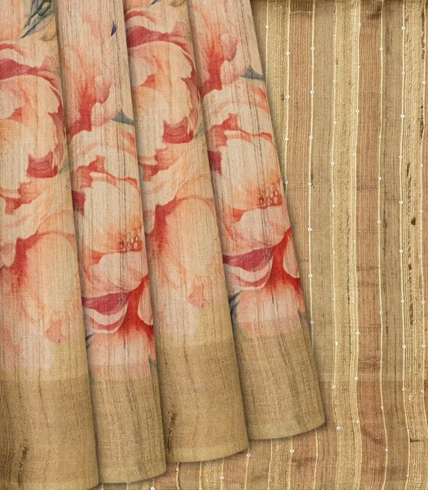Taupe Handloom Tussar Silk Saree With Printed Crane Motifs-Taupe