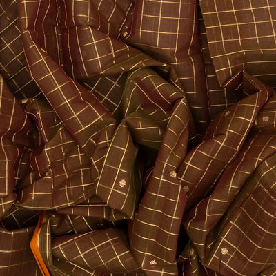 Dark Olive Handloom Kanchi Cotton Saree With Zari Checks