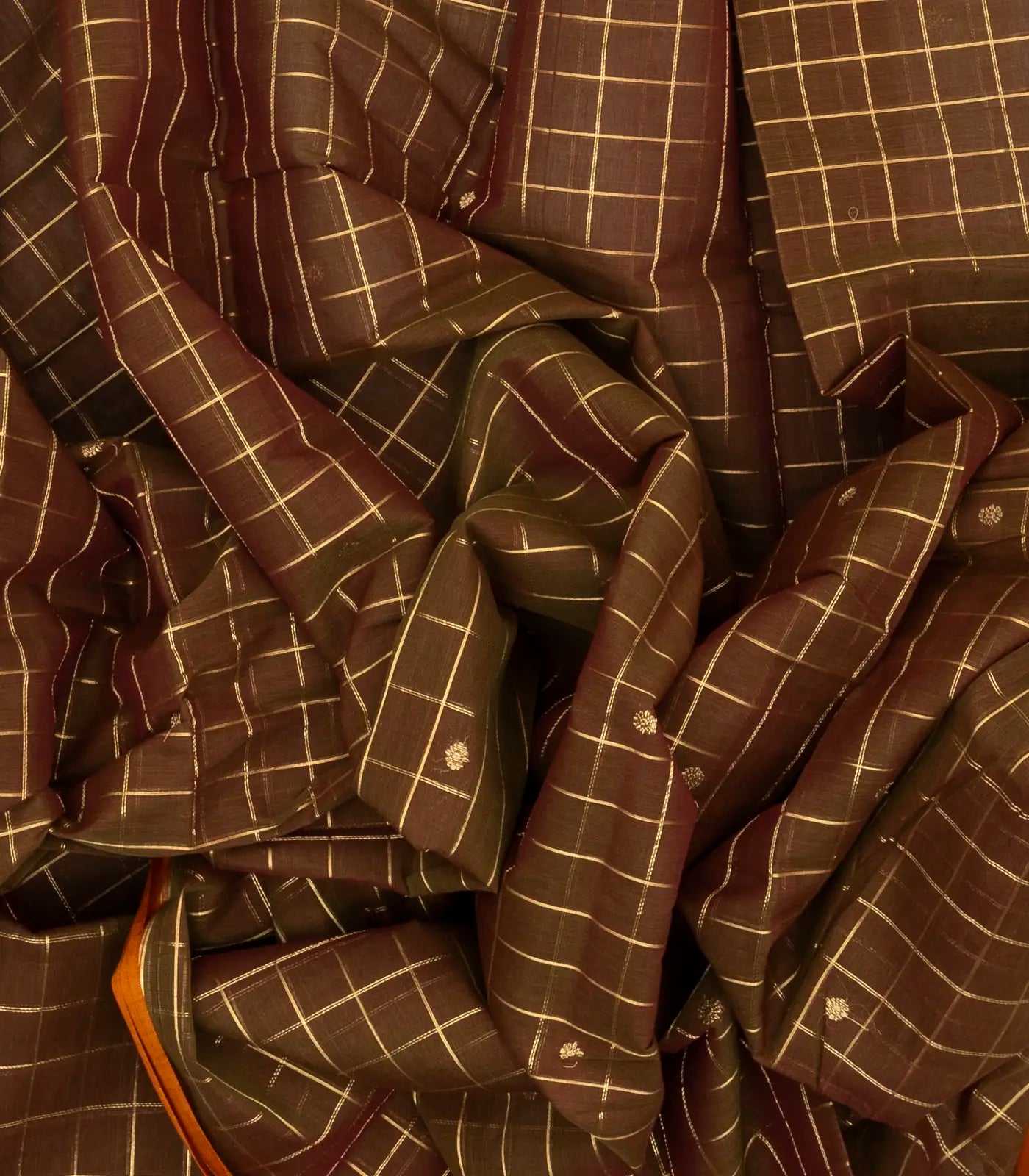 Dark Olive Handloom Kanchi Cotton Saree With Zari Checks