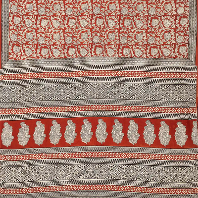 Rust Woven Jaipur Cotton Saree Printed With Floral Motifs