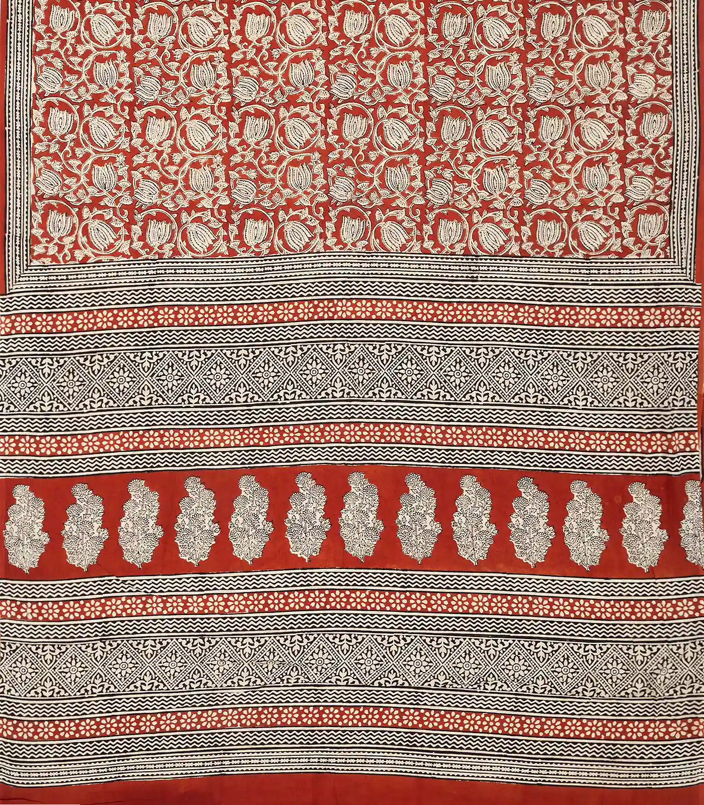 Rust Woven Jaipur Cotton Saree Printed With Floral Motifs