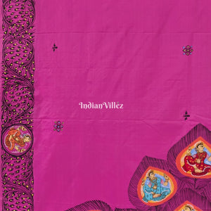 Royal Pink PEACOCK (Mayur) & Nartaki Theme Pattachitra Silk Saree