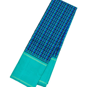 Blue Handloom Korvai Kanchipuram Silk Saree With Checks