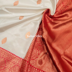 White Red Banarasi Katan Silk Saree