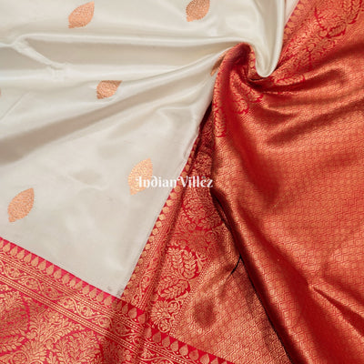 White Red Banarasi Katan Silk Saree