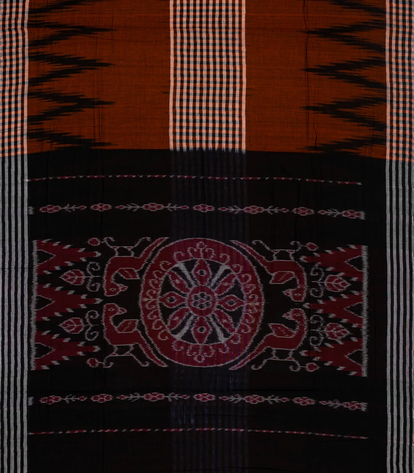 Maroon Orissa Cotton Saree With Checks & Black Temple Border